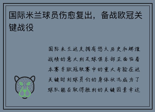 国际米兰球员伤愈复出，备战欧冠关键战役